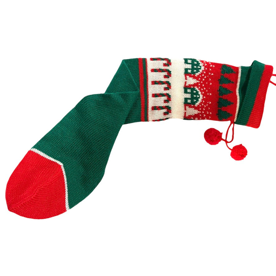 Cheerful Knit Christmas Stocking 24x5", Traditional Colours  & Patterns, Cuffed with Hanger and PomPom