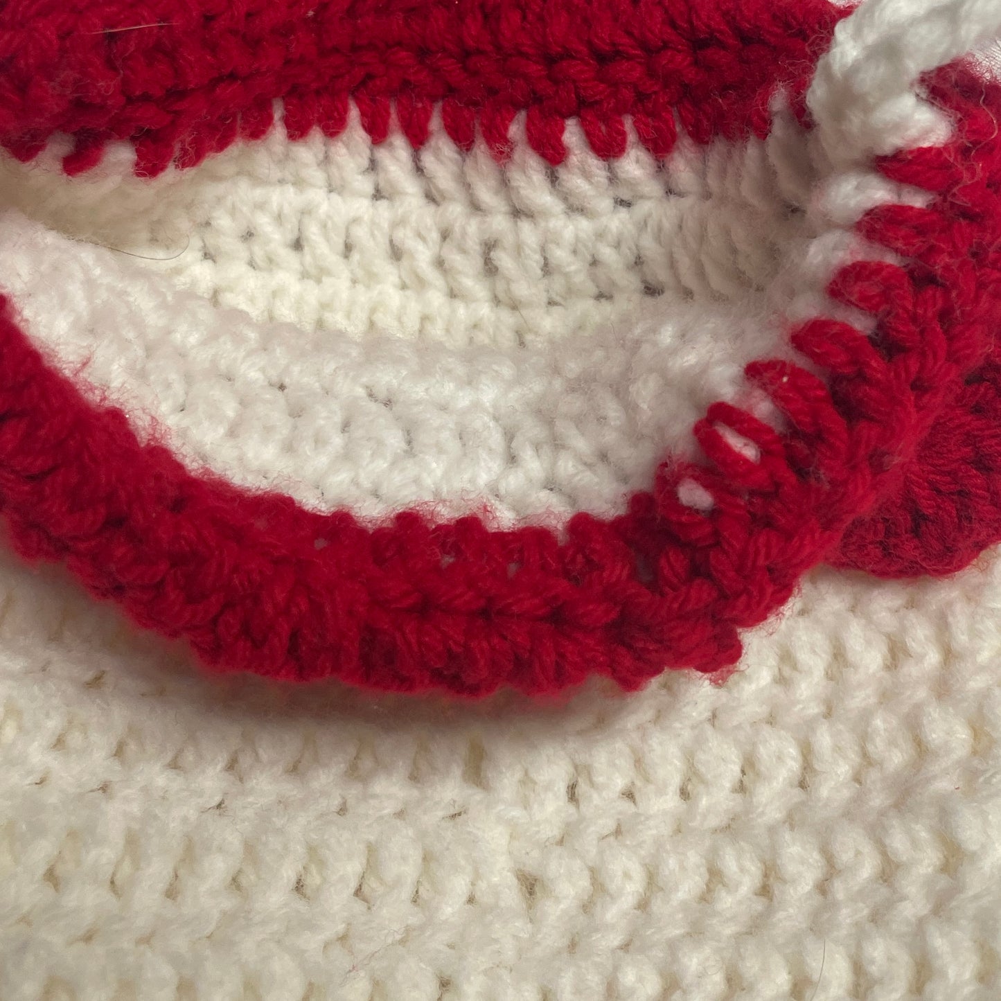 Chunky White and Red Hand Knit/Crochet Christmas Stocking, Scalloped Cuff in GUC