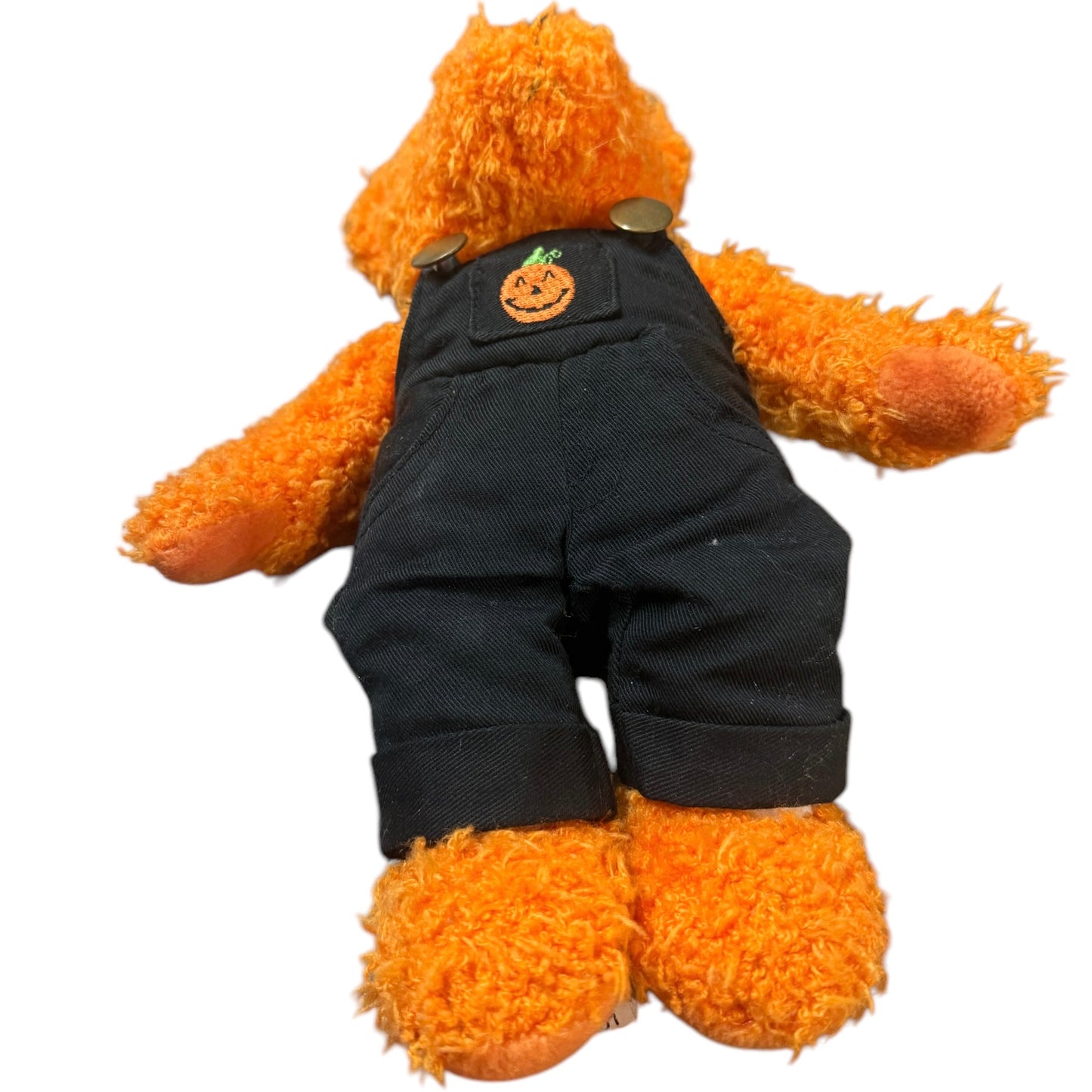 Hallmark Halloween Bean Bear Shaggy Orange Plush Teddy Bear Black Coveralls with Pumpkin Applique