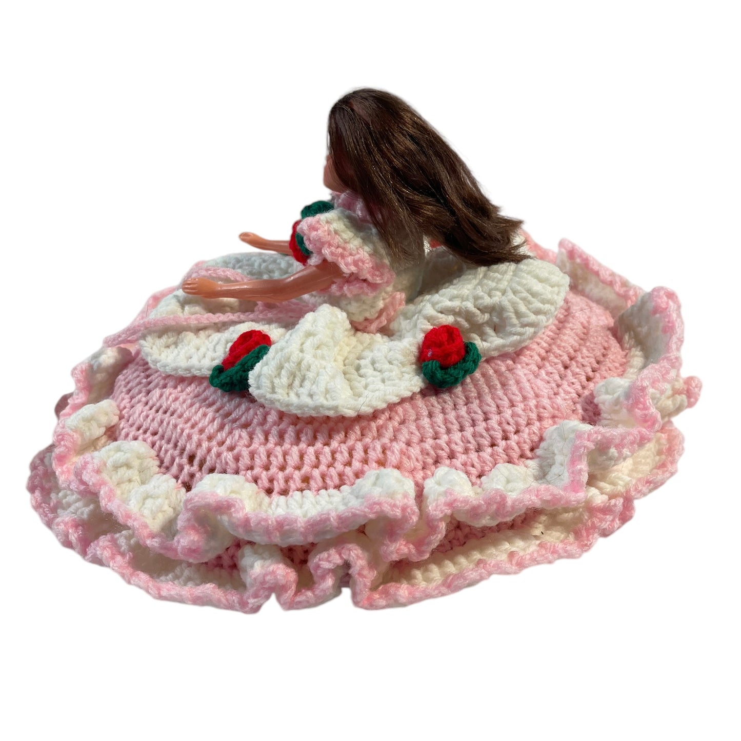 Vintage Crochet Bed Sitter Doll, Pink & White Dress. Embellished with Red Roses & Green Leaves