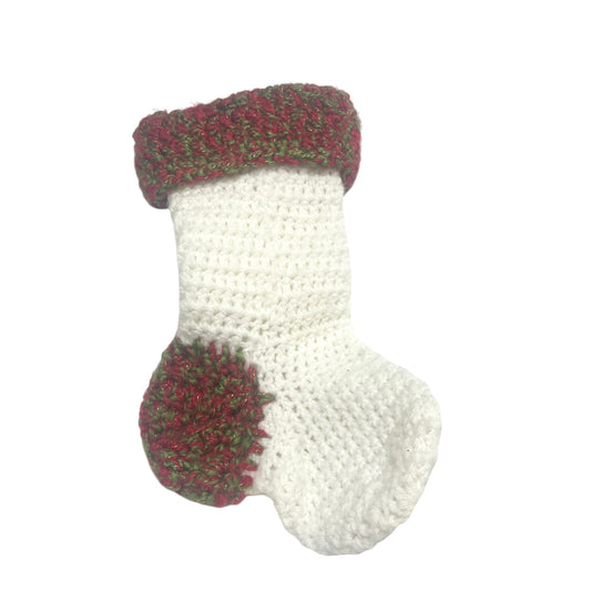 Handmade Chunky White Knit/Crochet Christmas Stocking with Veriegated Green, Red, Gold Cuff & Toe