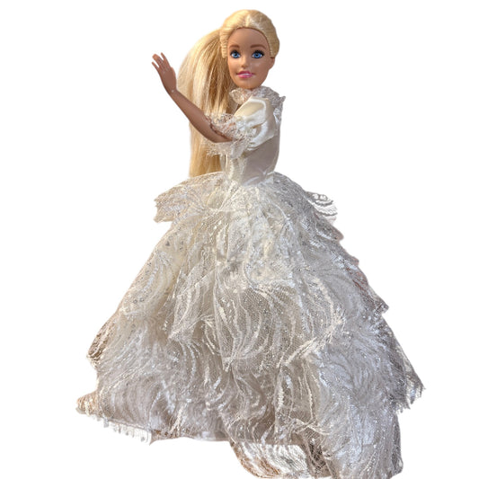 Blond, Blue Eyed Barbie Doll in a Shimmery Vintage White Lace Ball / Bridal Gown in GUC