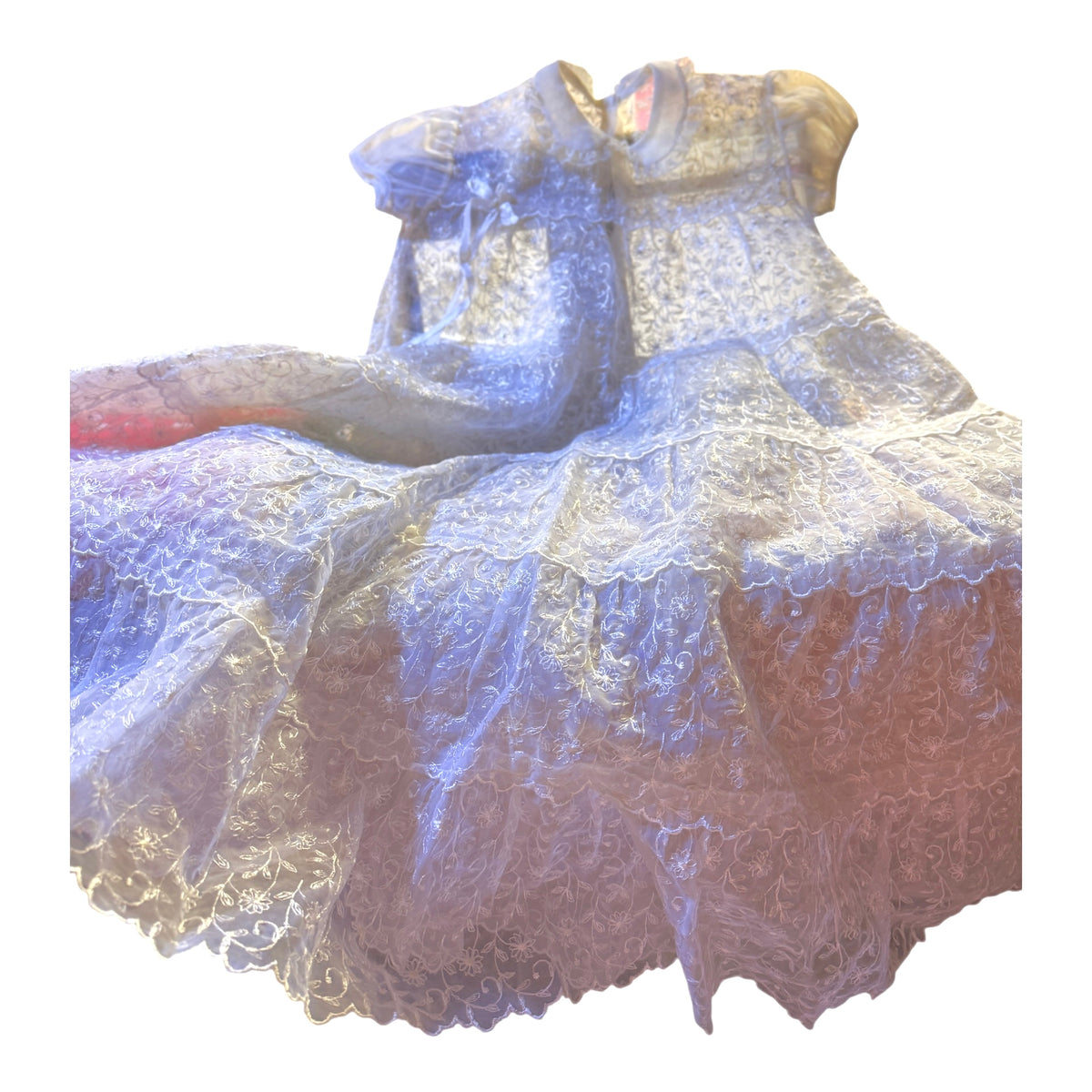 Exquisite Vintage Sheer Lace Christening Gown, Lace Rimmed Tiers, Satin Ribbon & Vintage Snaps