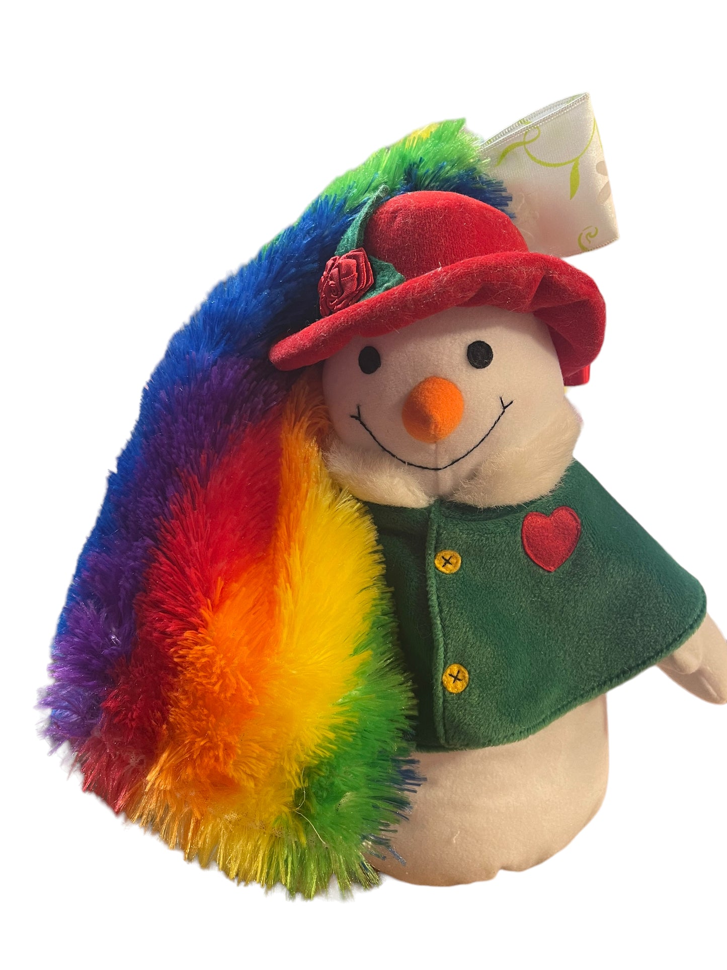 Snowman, Weighted Flat Bottom with Green Velvet Cape, Carrot Nose & Rainbow Tug