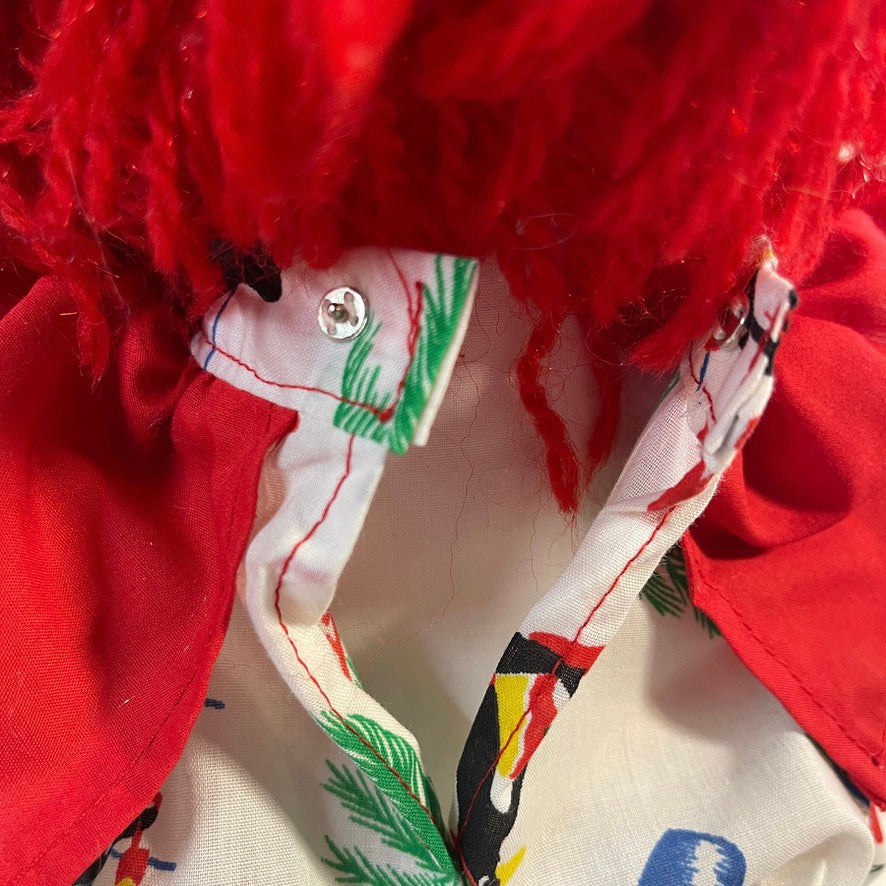 Vintage Clown, Red Yarn Hair & Detailed Embroidered Face, Print Suit with Red Ruffle 17" GUC