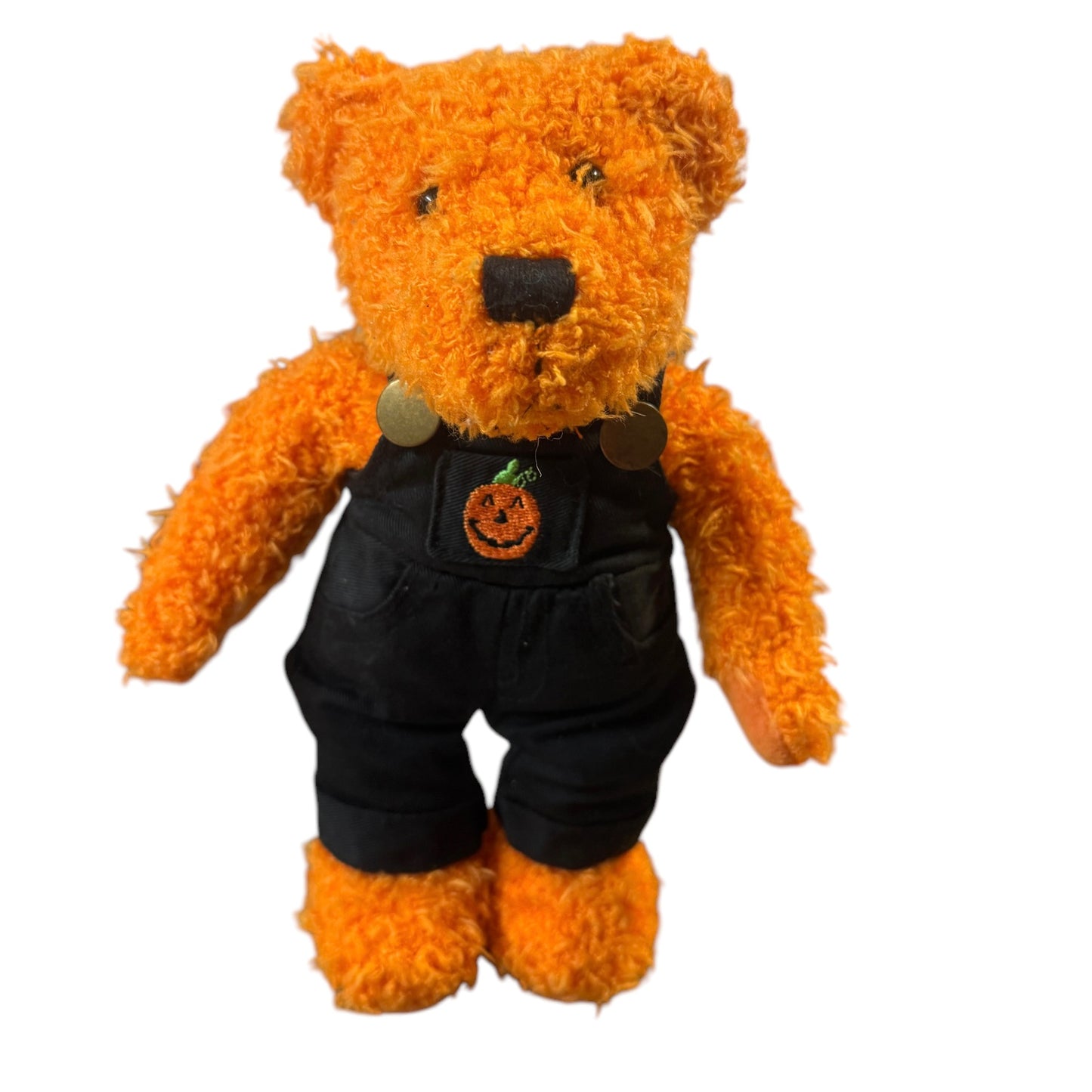 Hallmark Halloween Bean Bear Shaggy Orange Plush Teddy Bear Black Coveralls with Pumpkin Applique