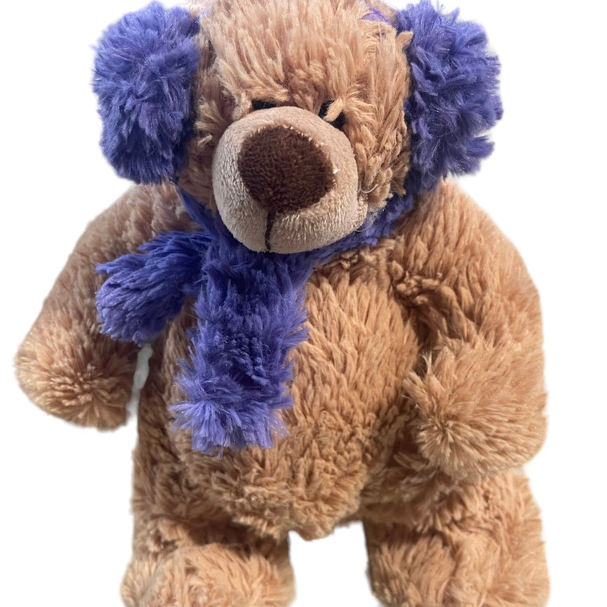 Beverly Hills Teddy Bear Company 11" Fluffy Tan Stuffed Bear with Purple Ear Muffs and Scarf