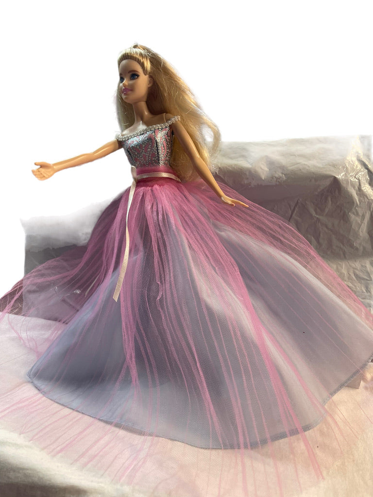 Barbie Birthday Wishes in Beautiful Pearl Trimmed Tulle & Brocade Gown, Blonde Blue Eyes