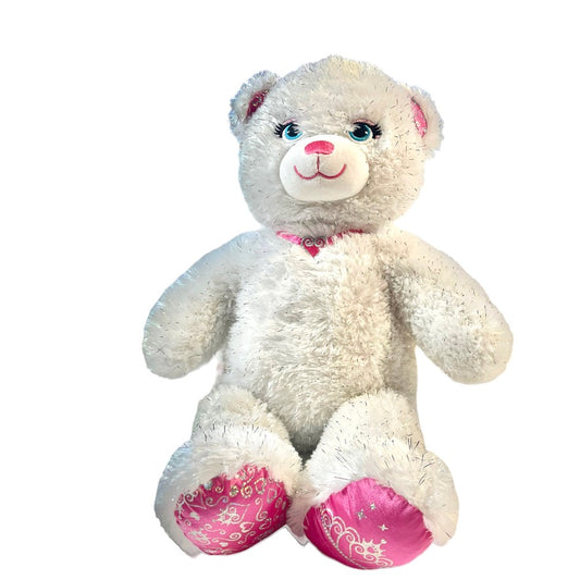 Build A Bear Sparkly Princess White Plush Pink & Silver Satin Ears, Paws & Necklace, Embroidered Face