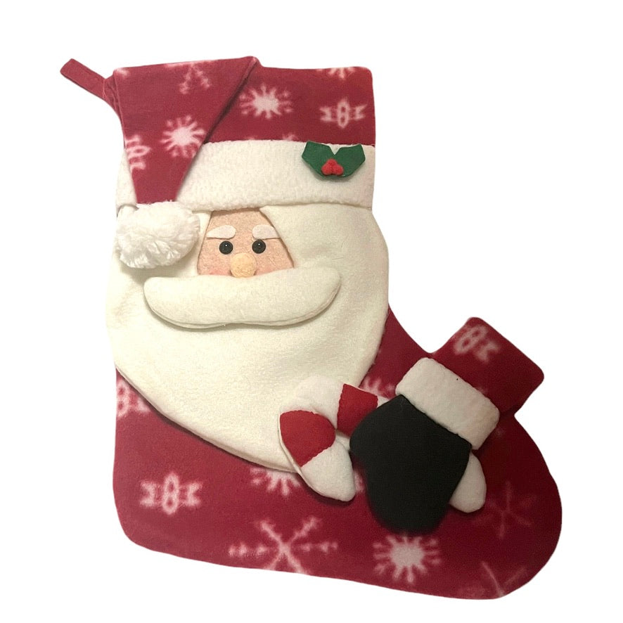 3D Santa in a Nightcap Christmas Stocking, 15" Tall, 11" Foot, Padded Embellishments, EUC