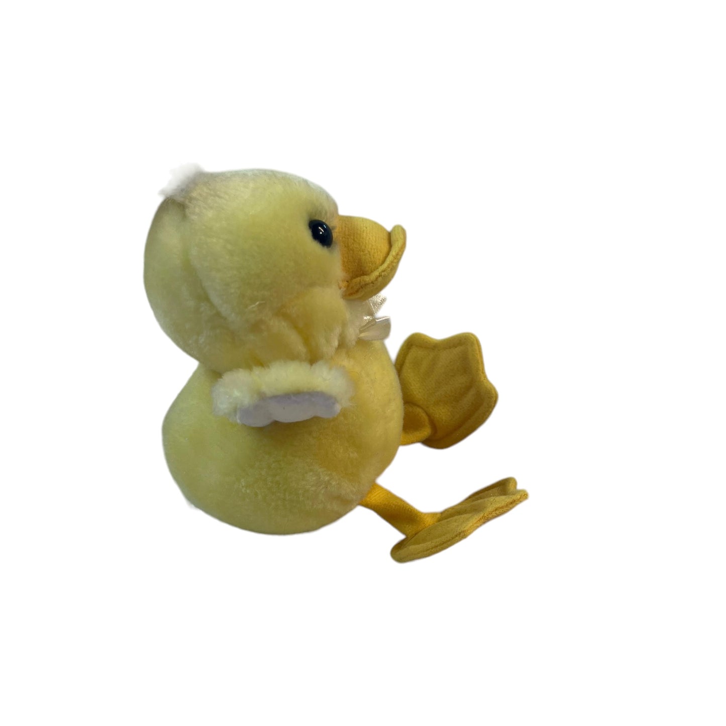 Yellow Duck Plush Rattle 6"Seated, Long Legs, Floppy Feet, Puff of Hair, Satin Bow