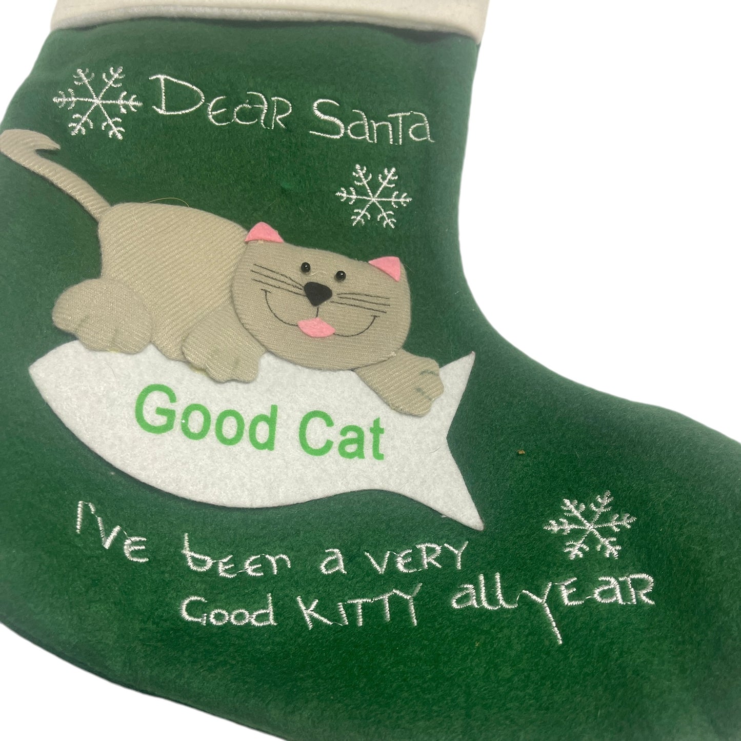 Dear Santa, Good Cat Christmas Stocking in Green, Grey 3-D Cat Applique &Embroidery Snowflakes