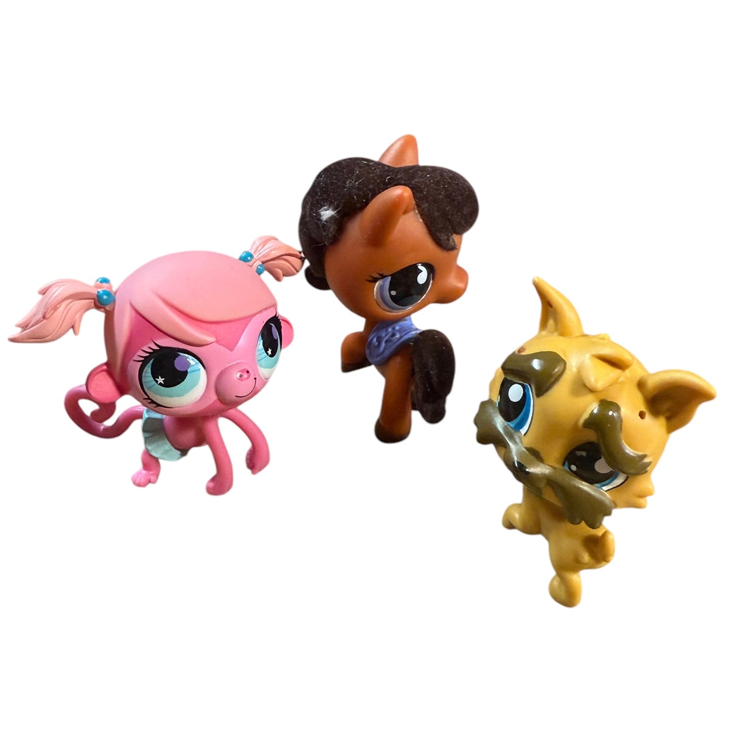 Littlest Pet Shop Lot of 3 Bobble Heads, Brussels-Griffon, Minka Mark Monkey & Brown Horse!