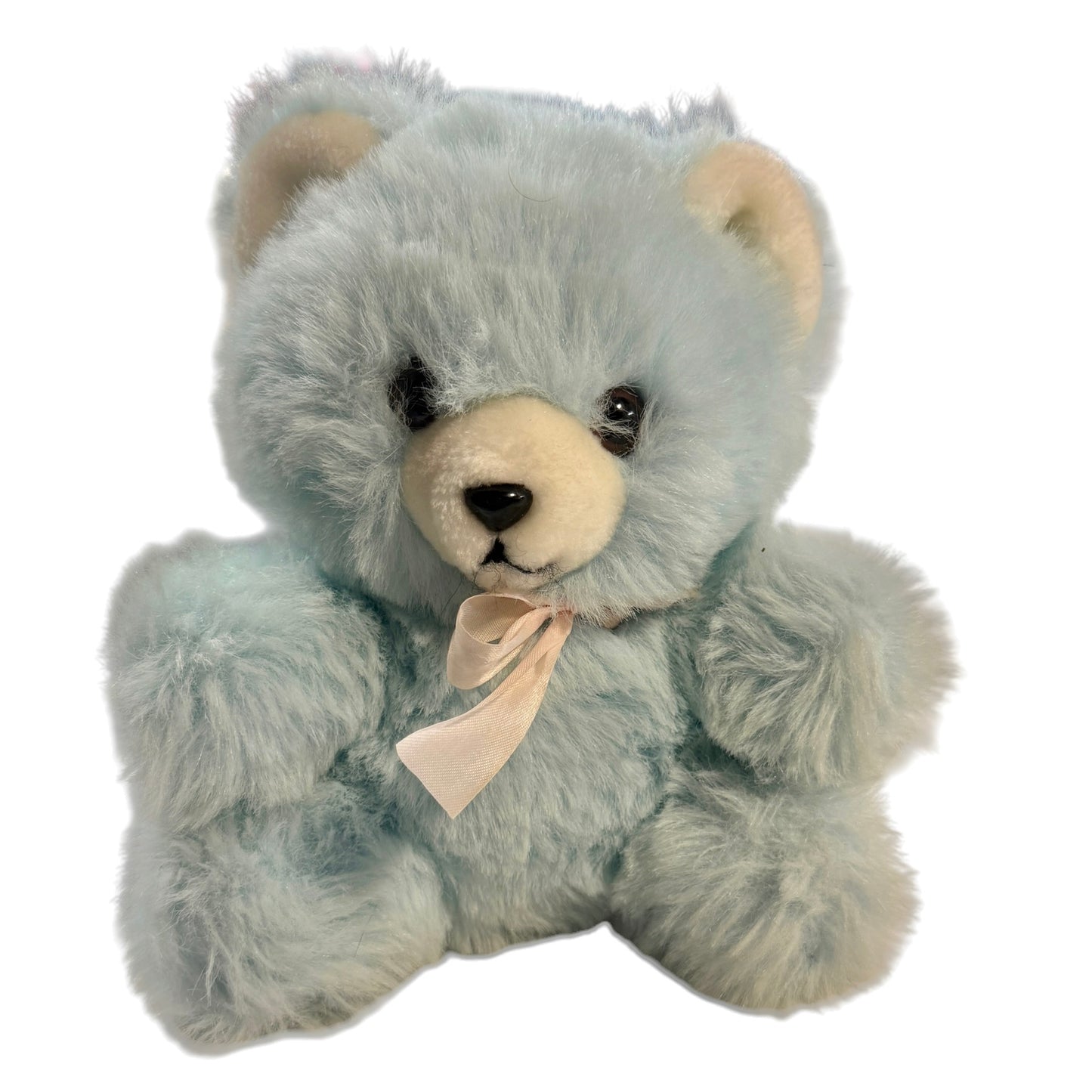 Adorable Vintage 8" Seated Soft Baby Blue Teddy Bear Rattle with White Snout & Black Features