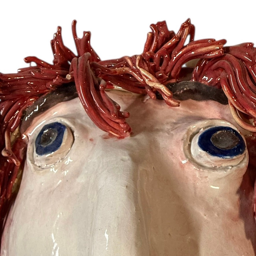 Delightful, One-of-a Kind Handmade Caricature Clay Mask with Red Spaghetti Hair, Artist Signed