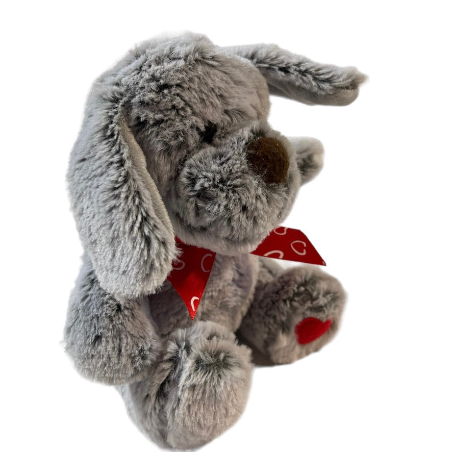 Frosted Grey Sitting Puppy Dog Red Heart & Valentine Bow 7" Button Eyes