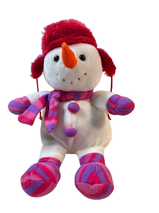 Stuffed 14" Snowman Plush Pink/ Purple Striped Clothes and a  Carrot Nose!