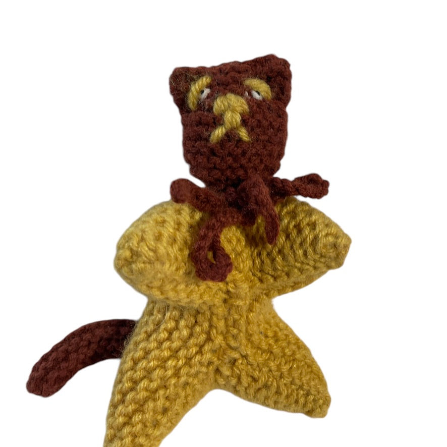 Derpy Hand Knit Gold & Brown Kitty Cat and Pink Knit Bunny with a White Fluffy Tail