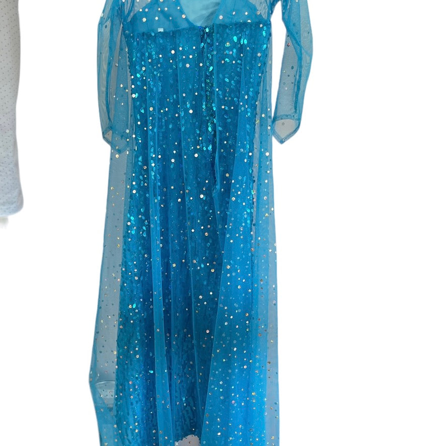 Frozen Turquoise Sequinned Elsa Fancy Dress with Sparkly Mesh Sleeves and Train EUC