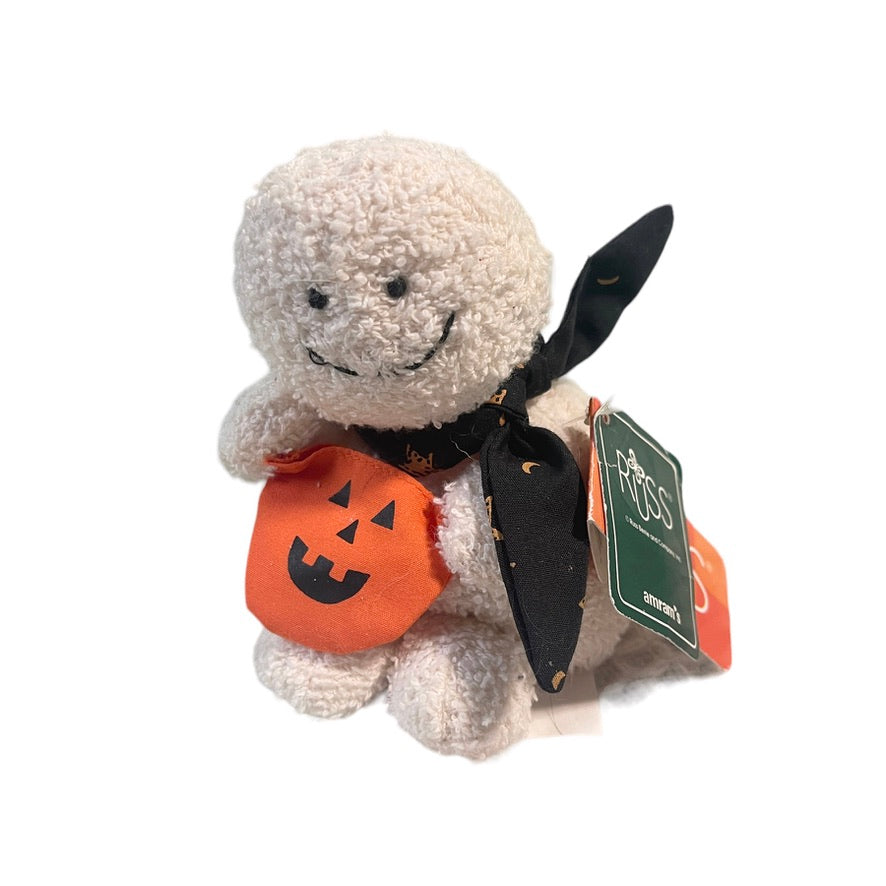 Terrycloth Russ -Berrie 5" Ghost, 'Haunt', Black Scarf, Pumpkin Candy Bag , Hard to Find,  UWT