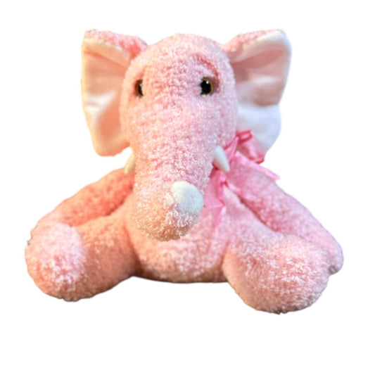 Pink Terry Cloth  9" Plush Elephant with Pretty Gauze Bow & White Ears & Tusks, So sweet!