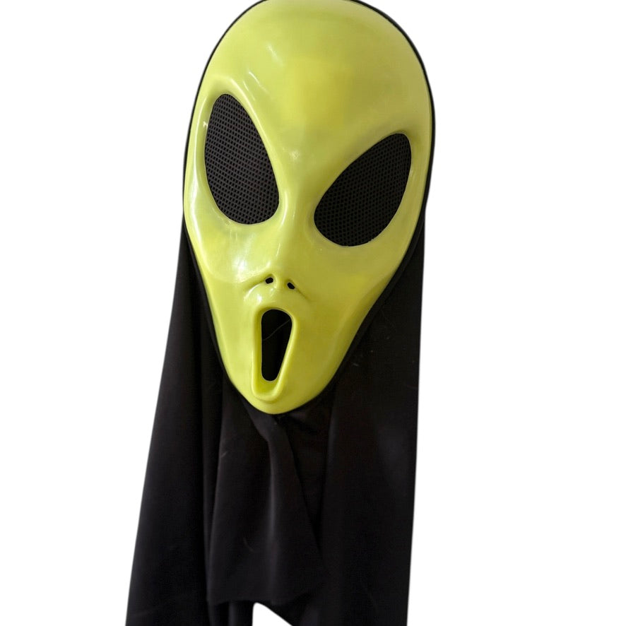 Scream Mask, Sickly Green with Mesh Eyeholes, Classic Mouth & Black Chiffon Scarf in EUC