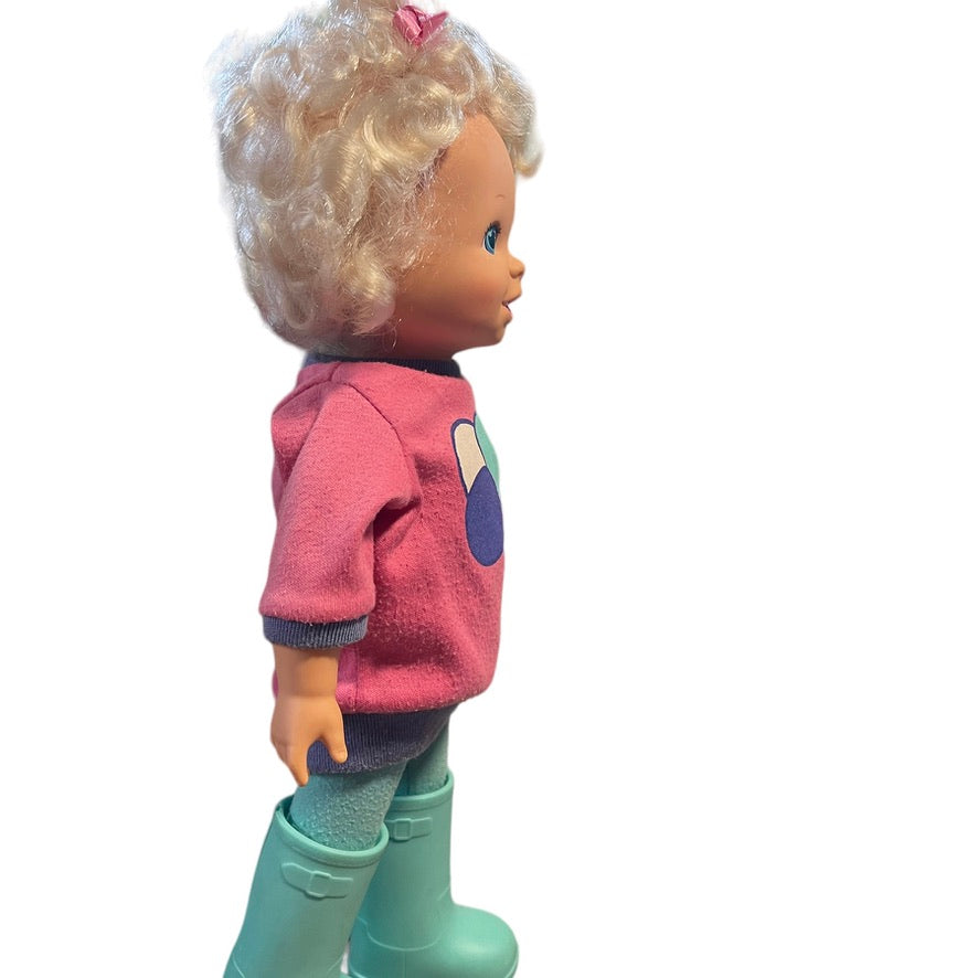 Baby Grows Doll, Vintage 1987 Blue Eyed Blond in her Original Outfit Complete with Aqua Boots