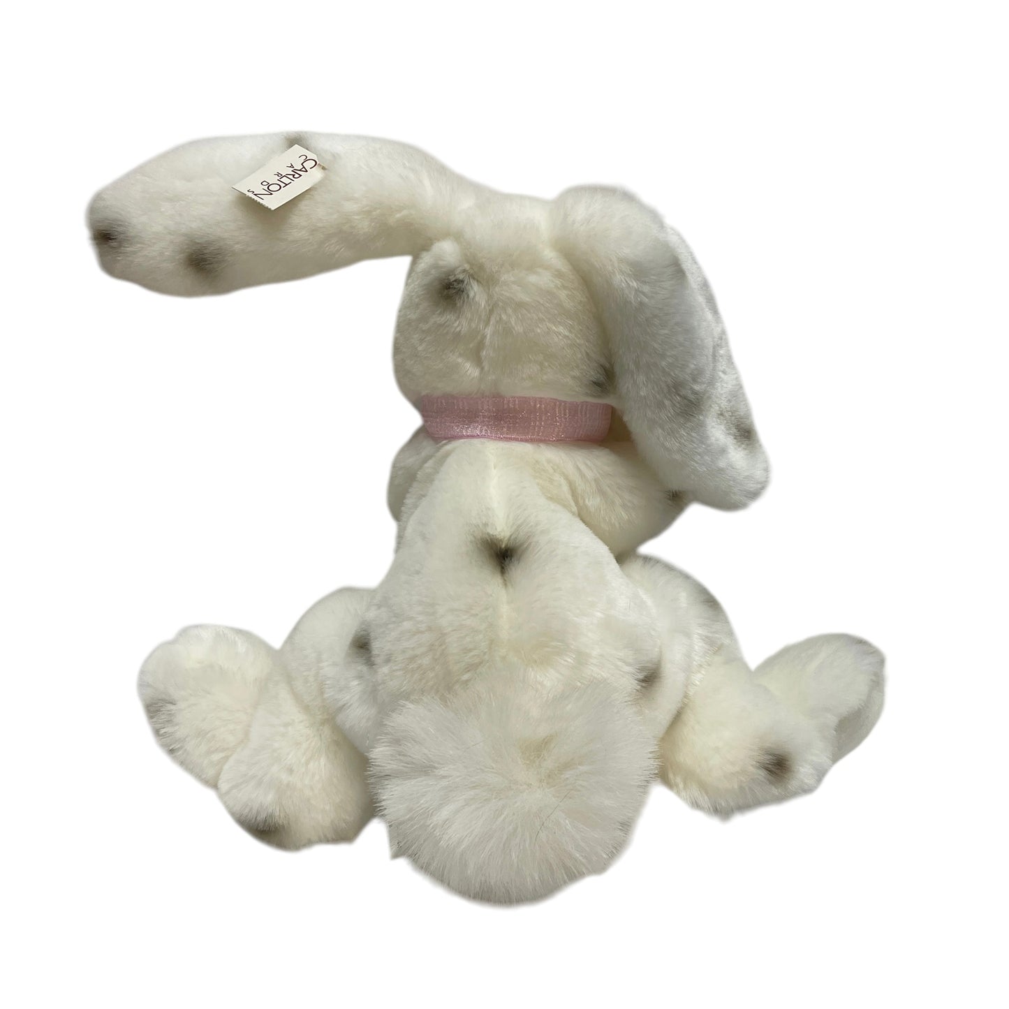 Ultra Soft White Plush Lop Eared Bunny, Black Spots, Weighted Bean Bottom. Pink Satin Nose