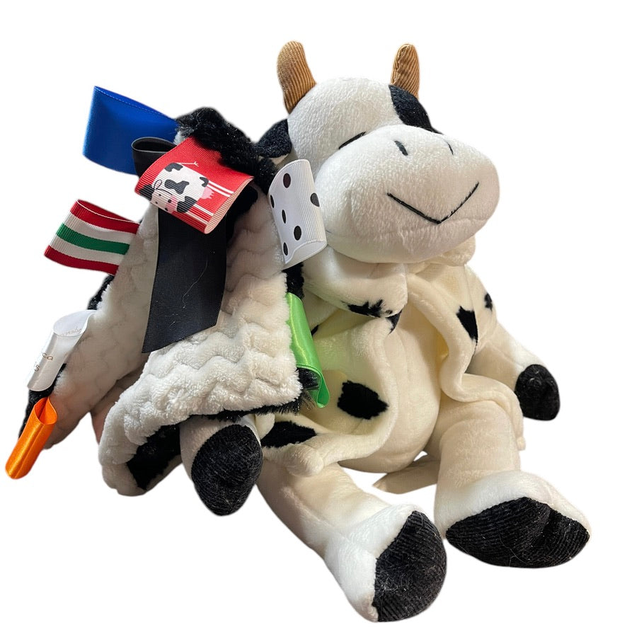 Russ Berrie Cream & Black 'Mooella' Plush  Cow, Fancy Jacket, Stitched Face & Lovey Tag