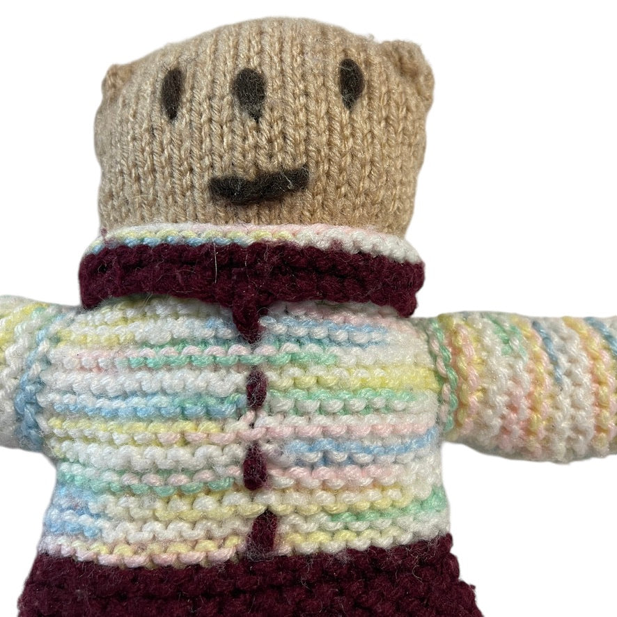 Handknit 14" Baby Bear Stuffed Animal Plush Toy, Tan & Brown, Variegated Blue Yellow Top, GUC