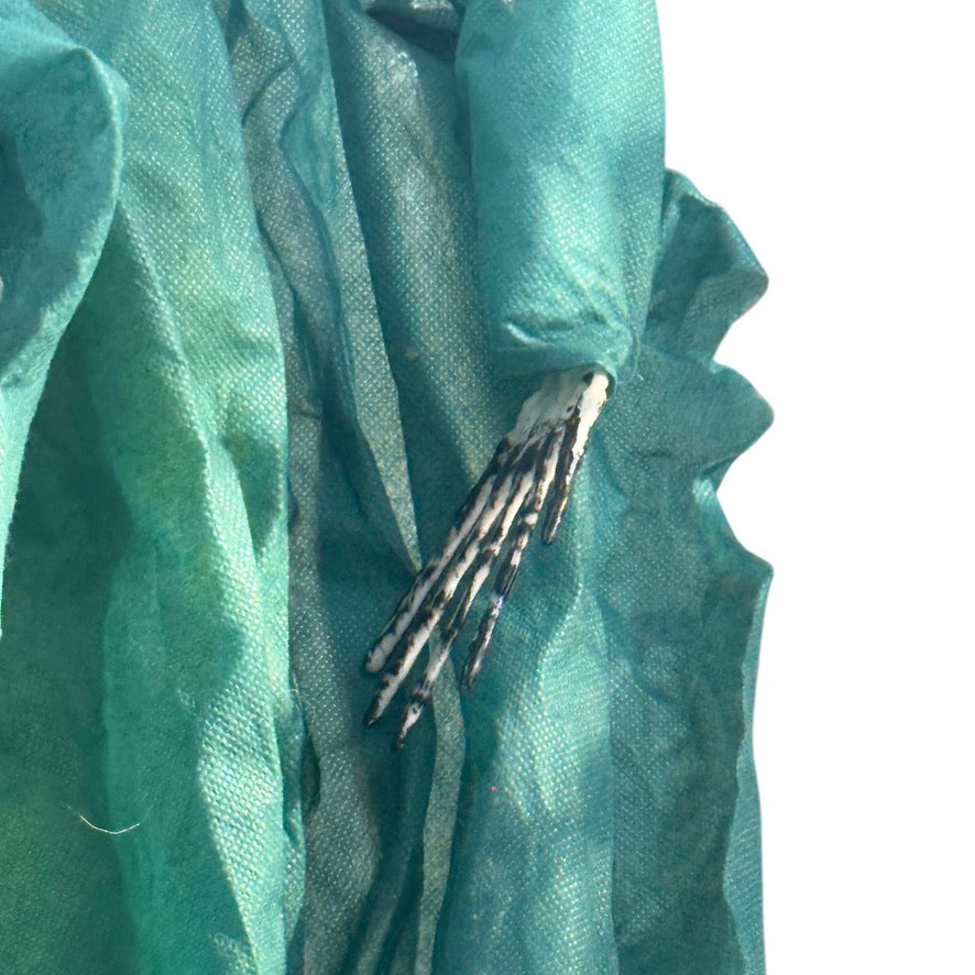 Floating Ghoul,  Skeletal Hands &  Bony Bleached  Skull in Tattered Green Shroud, Preowned