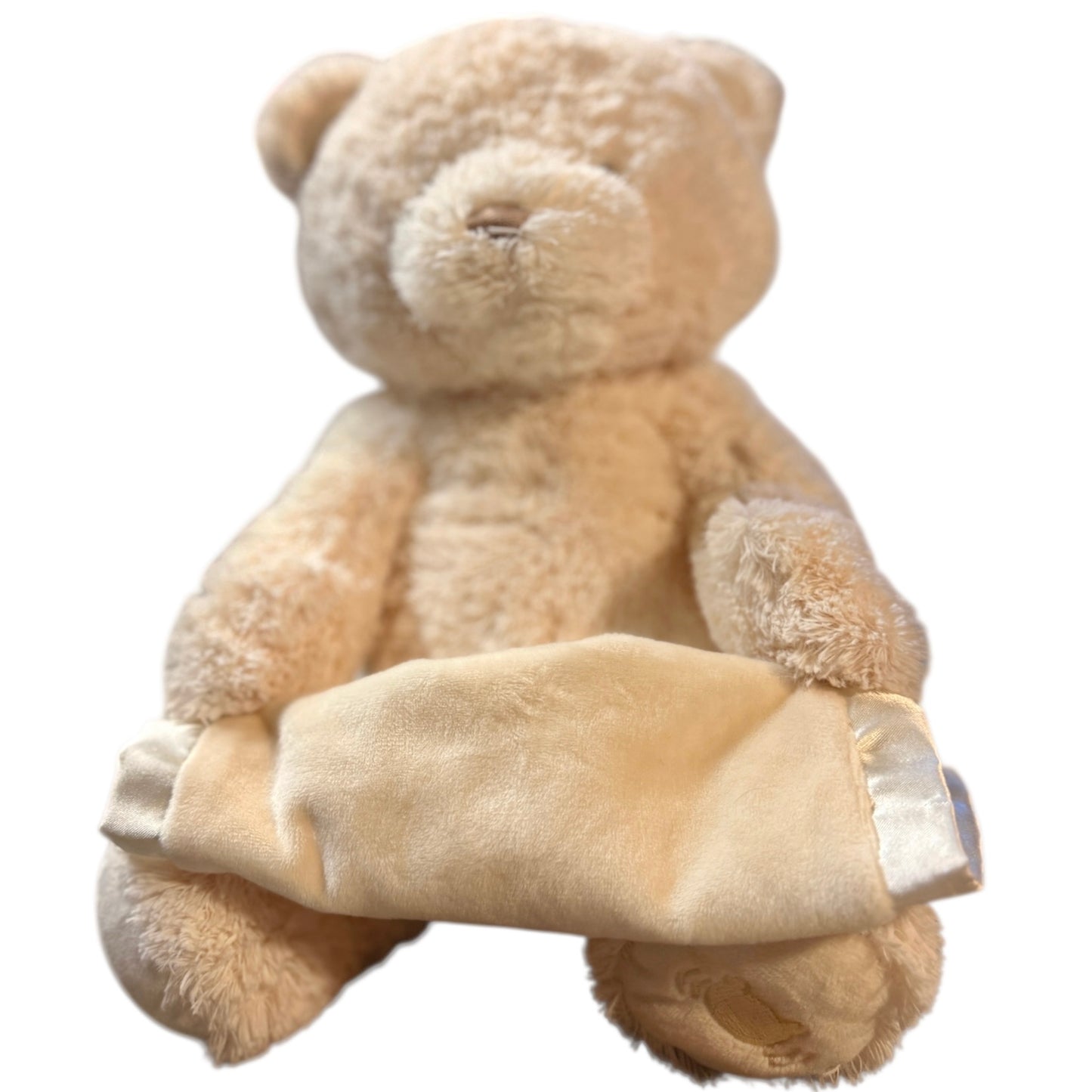 Gund Cream Animated Peek-a-Boo Teddy Bear with Satin Trimmed Blanket in EUC