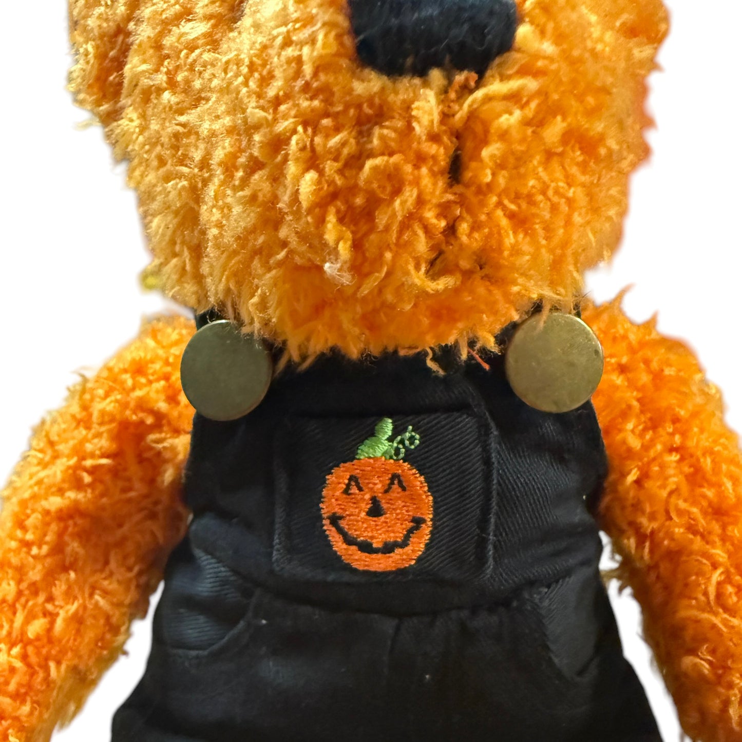 Hallmark Halloween Bean Bear Shaggy Orange Plush Teddy Bear Black Coveralls with Pumpkin Applique