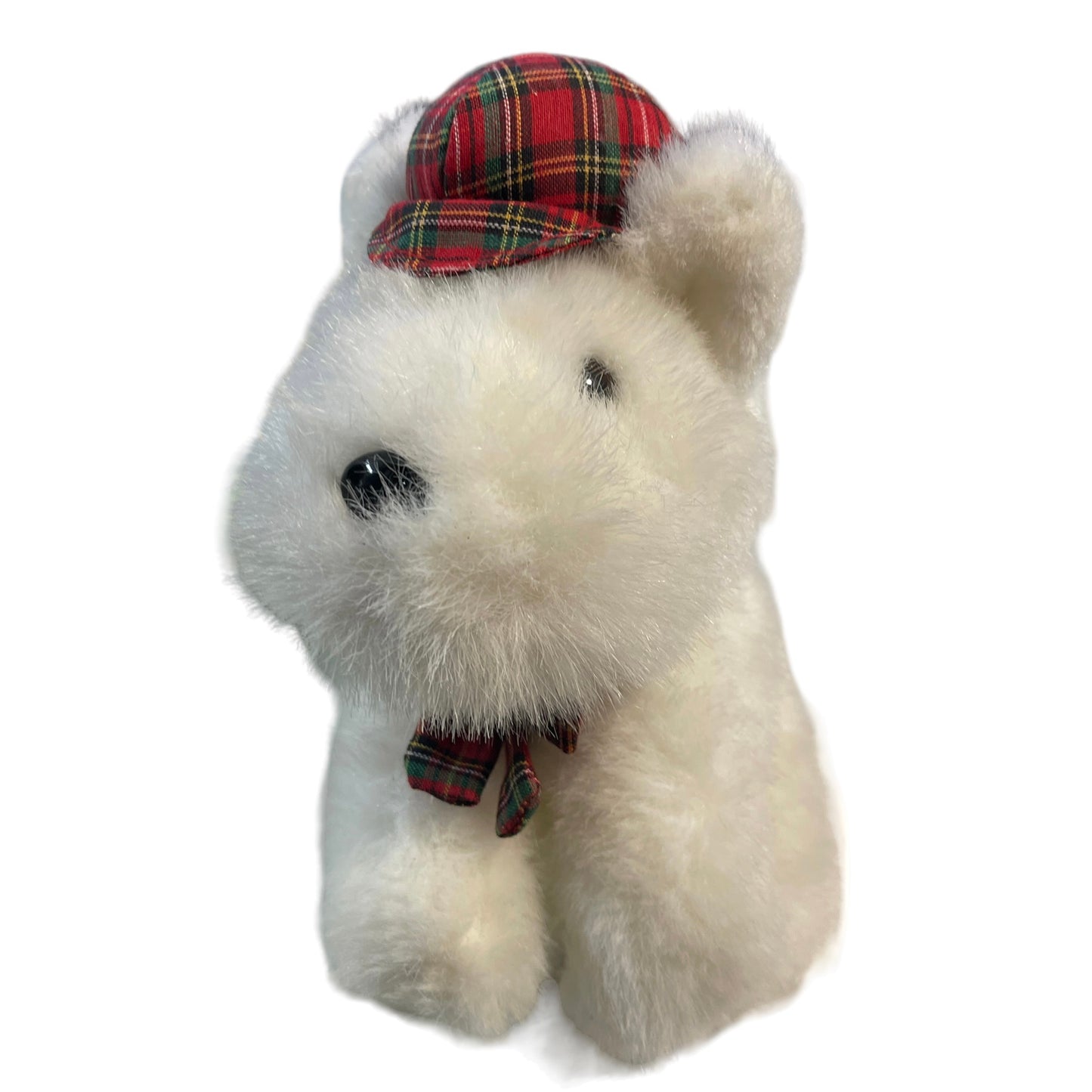 Vintage Radiance Westie Plush Stuffed Toy Dog, White with Jaunty Tartan Cap, Super Sweet!