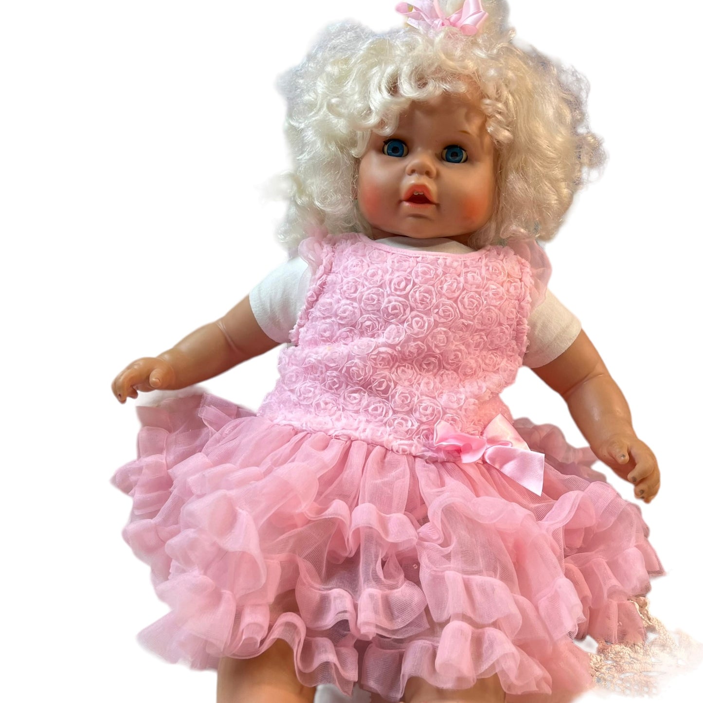 Exquisite 20" Blond Blue Eyed Toddler Doll in Pink Ruffled Tulle Dress with Satin Bow