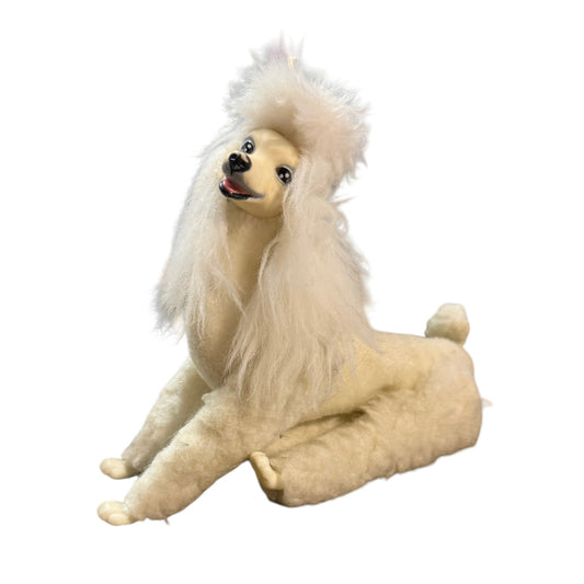 Vintage White Felted Posable Standard Poodle Toy Dog Long Legs, Plastic Feet & Sweet Rubber Face