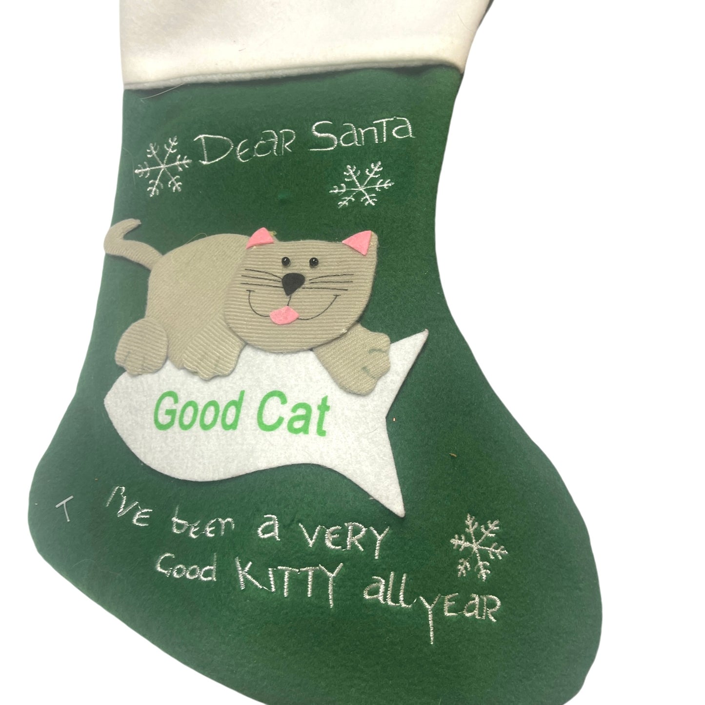 Dear Santa, Good Cat Christmas Stocking in Green, Grey 3-D Cat Applique &Embroidery Snowflakes