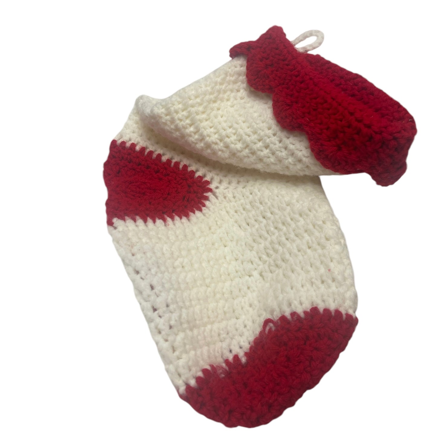 Chunky White and Red Hand Knit/Crochet Christmas Stocking, Scalloped Cuff in GUC