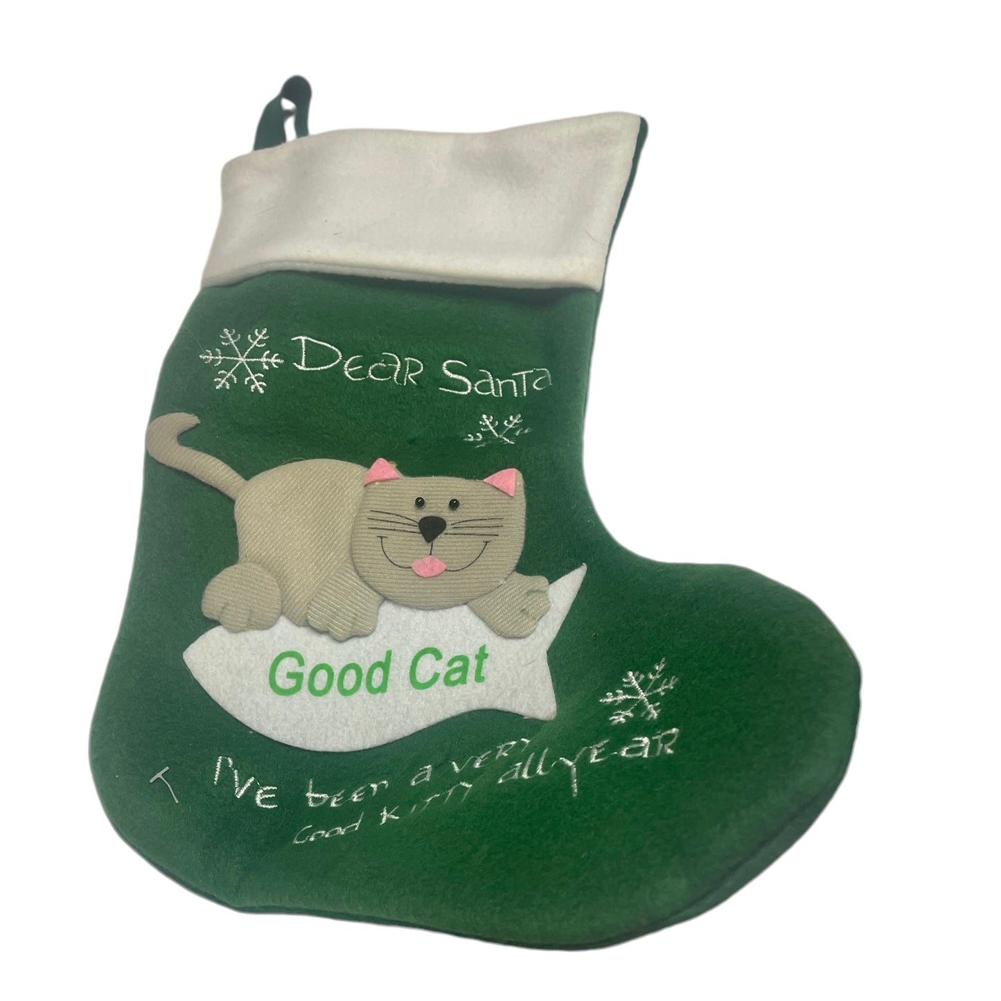 Dear Santa, Good Cat Christmas Stocking in Green, Grey 3-D Cat Applique &Embroidery Snowflakes