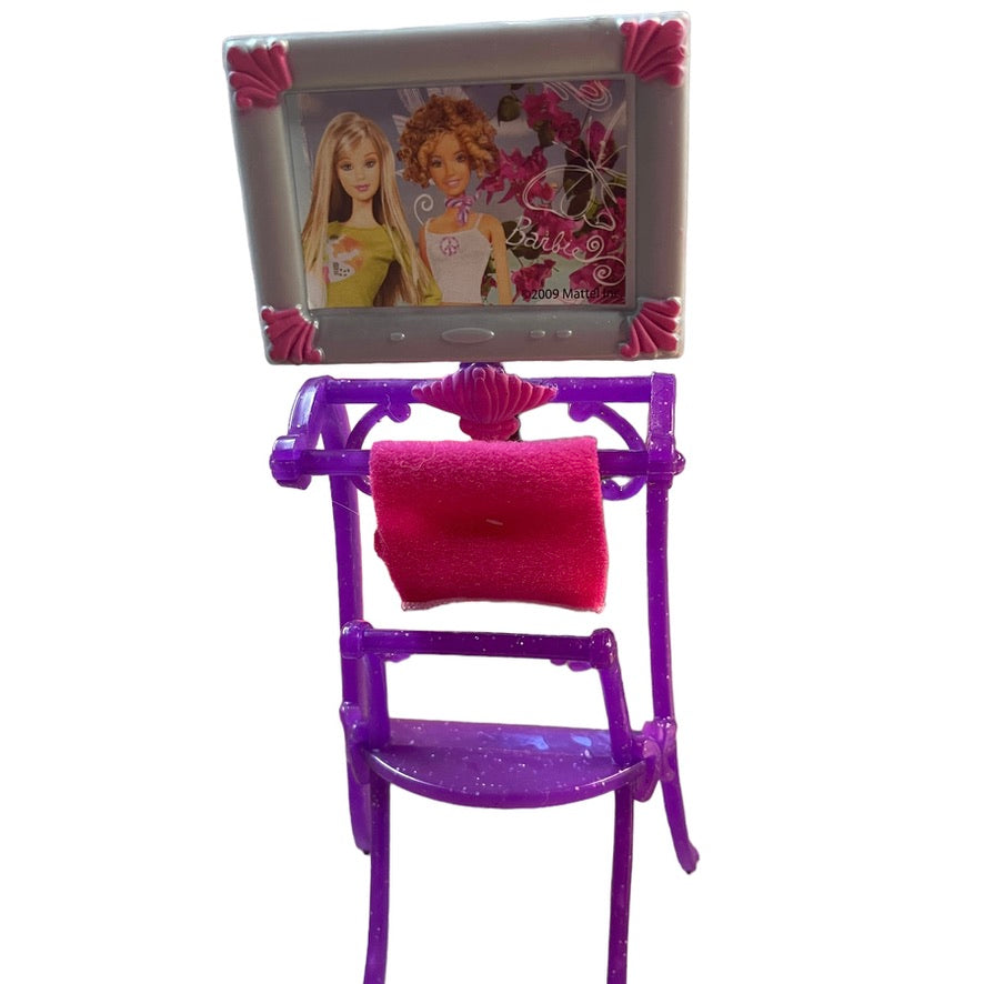 Barbie House Replacement Flat Screen TV on a Purple Stand 7" in Good Preowned Condition