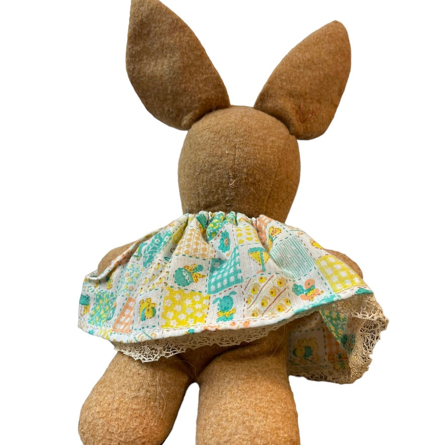 Unique Cloth Bunny, 10" Brown, 'Leather' Nose & Dainty Dress with Matching Ears