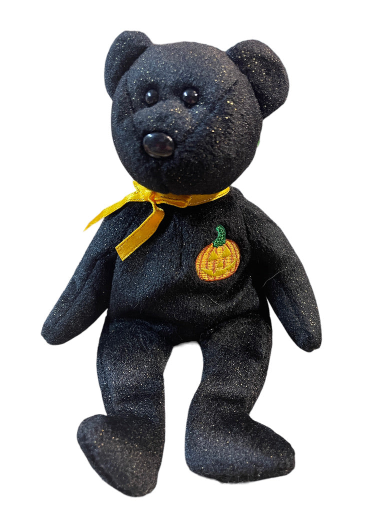 Ty Vintage Beanie Baby'HAUNT' the Halloween Bear, Black Sparkles, Orange Ribbon & Satin Ribbon