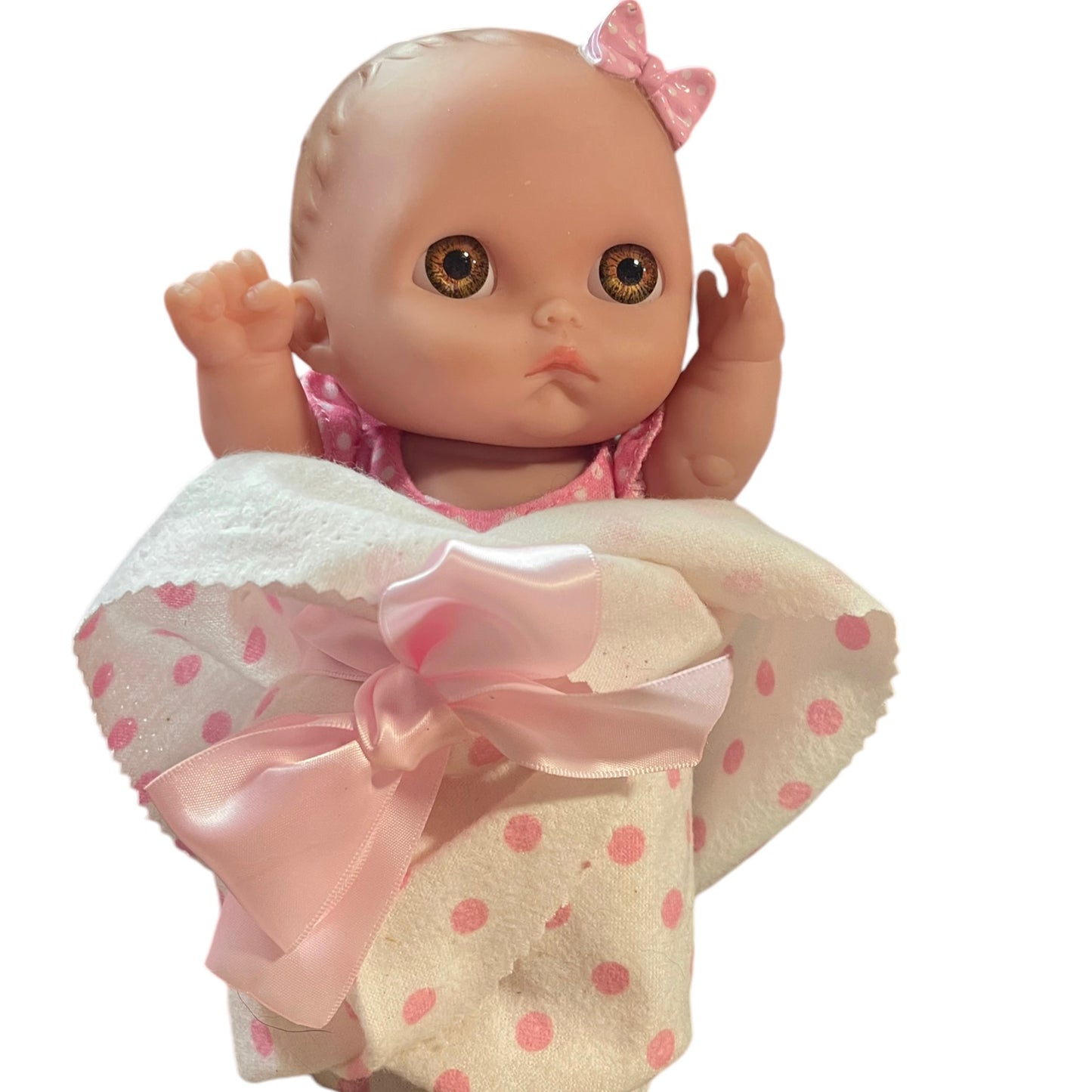 9" Berenguer Posable Pouting L'il Cutie Vinyl Baby Doll, Vinyl Bow & Sweet Ladybug Romper EUC