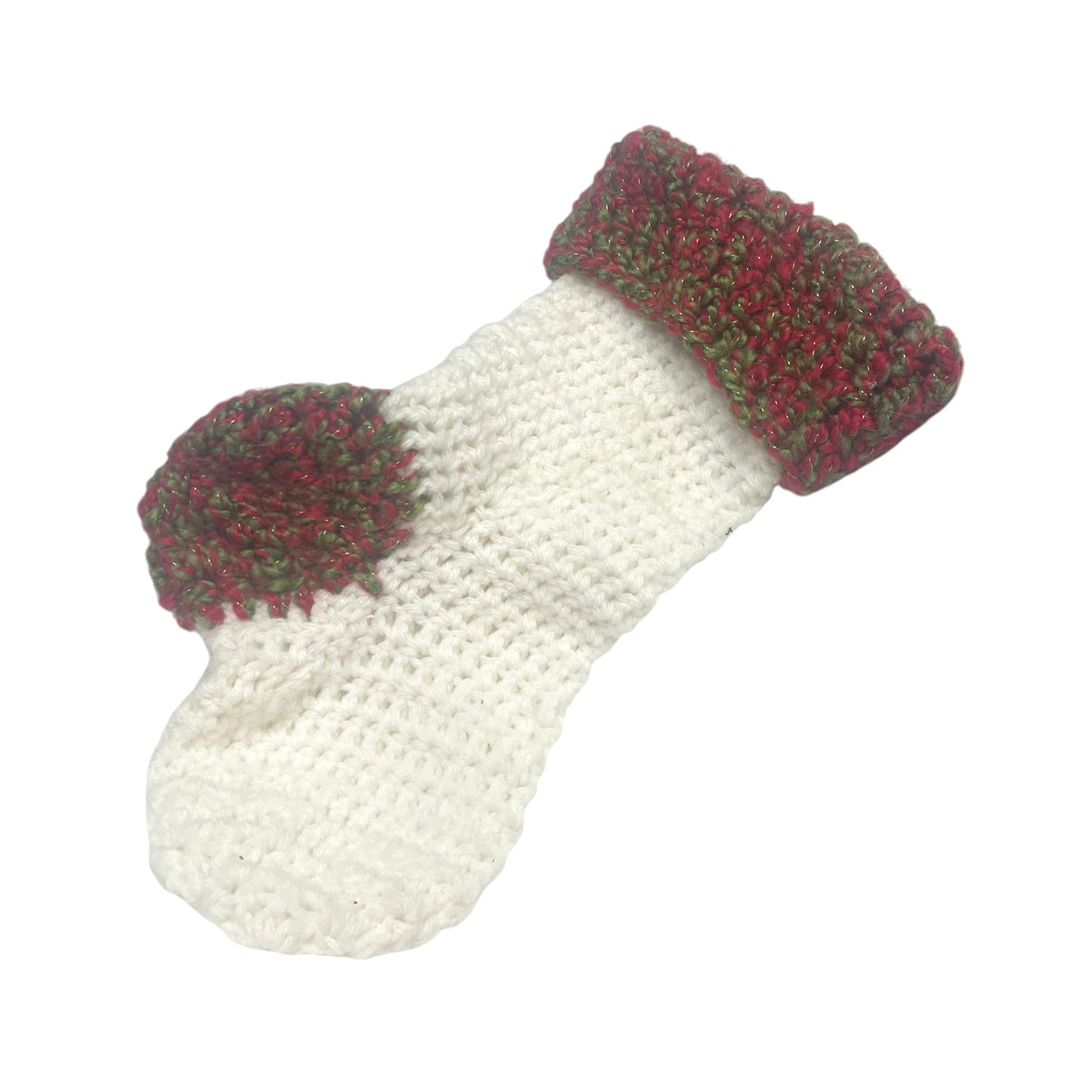 Handmade Chunky White Knit/Crochet Christmas Stocking with Veriegated Green, Red, Gold Cuff & Toe