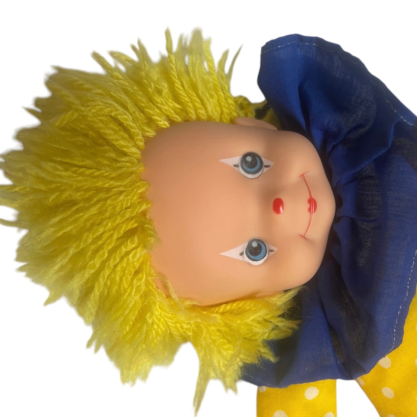 Handmade Vintage Plush Clown, Doll, Yellow Yarn Hair & Polka Dot Body with Navy Accents GUC