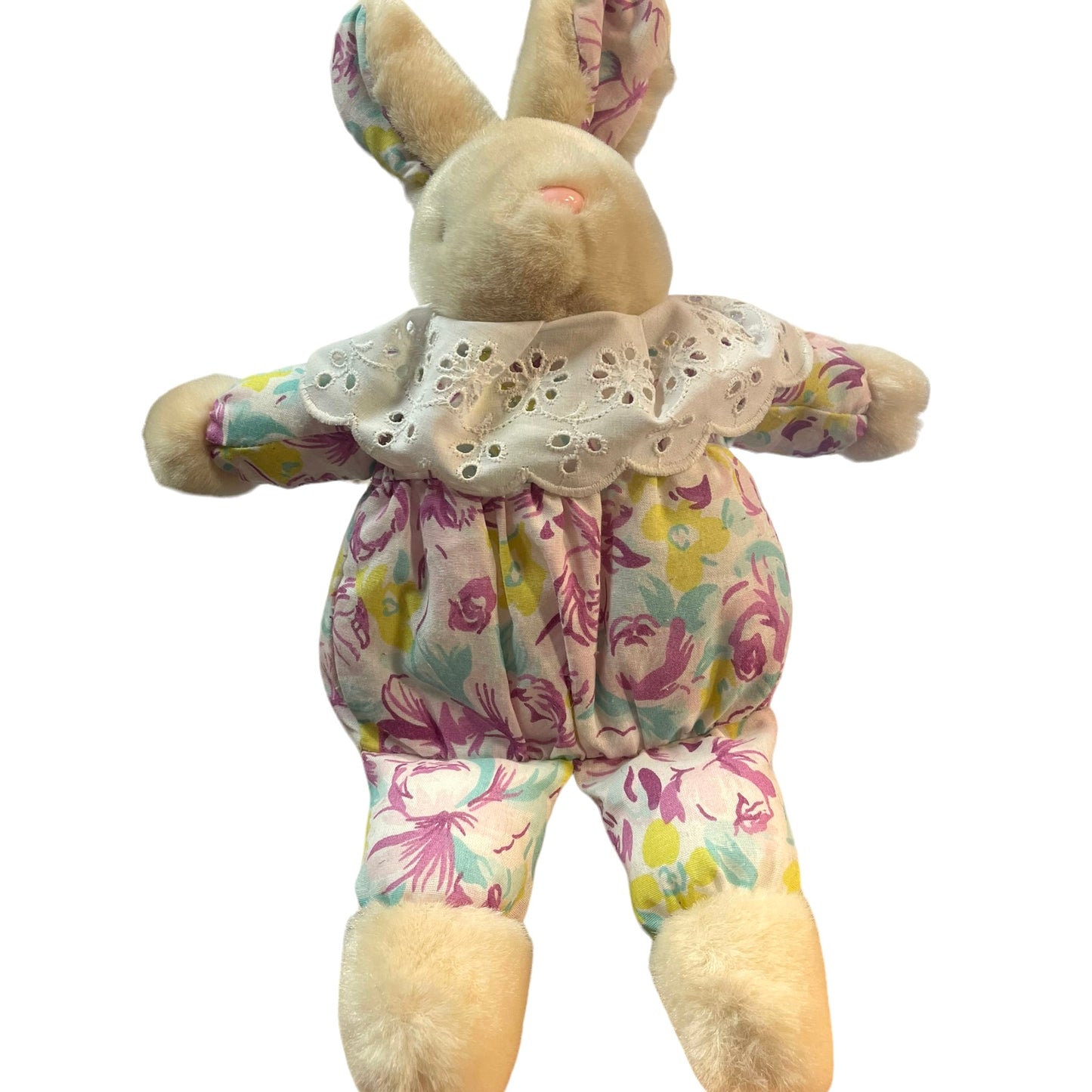 Vintage Bunny Rabbit Plush Floral Ears & Outfit with Eyelet Ruffle Collar GUC