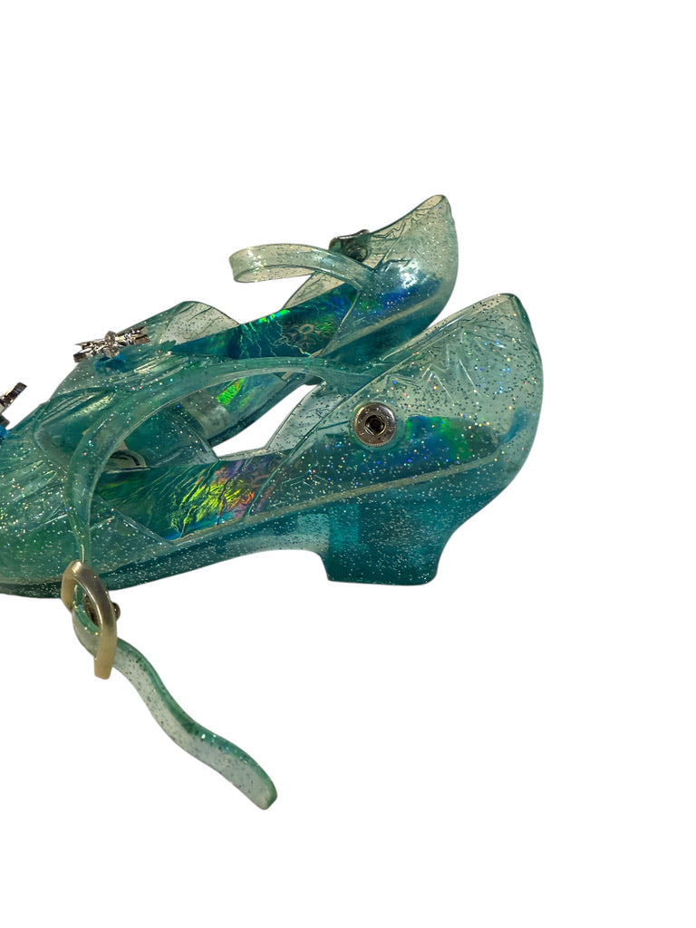 Disney Frozen Elsa Shoes, Sparkly Aqua, Light Up Heels & Snap Buckle with Silver Snowflake
