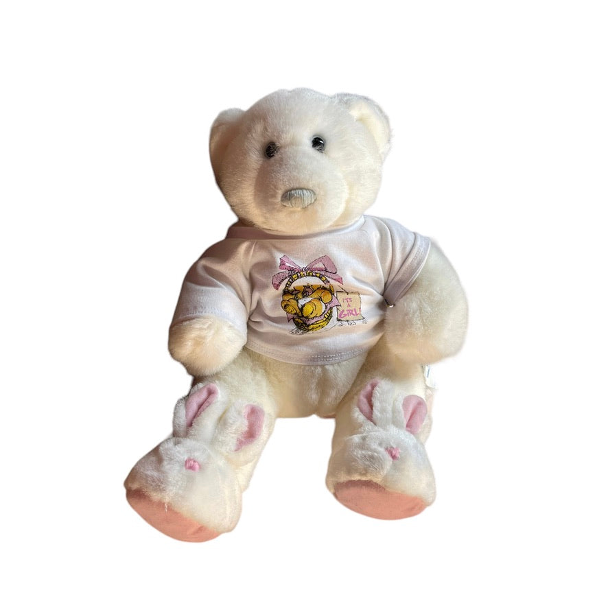 Build-A-Bear PolarBear, Blue Eyes & Nose Wearing It's a Girl! T-Shirt & Bunny Slippers