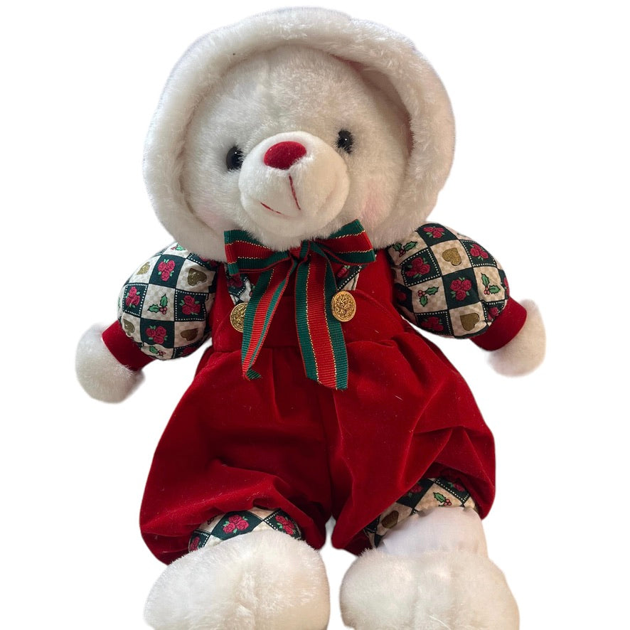 Twin Vintage Christmas Bears in Red Velvet Coordinating Outfits EUC