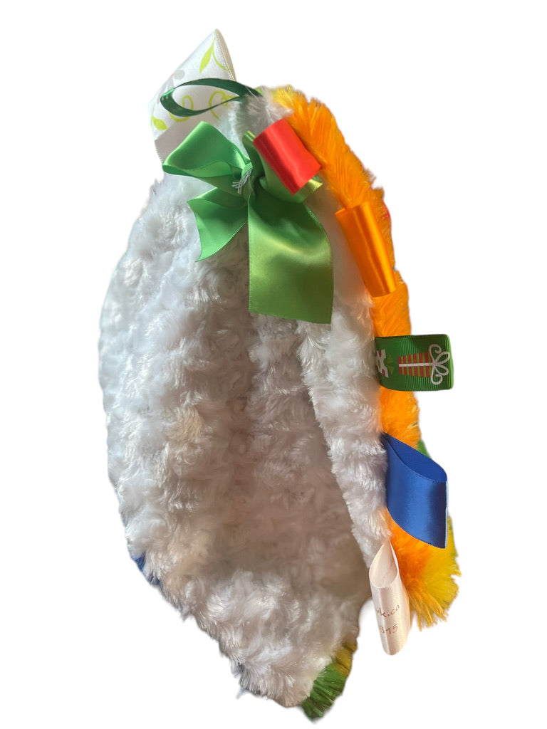 Snowman, Weighted Flat Bottom with Green Velvet Cape, Carrot Nose & Rainbow Tug